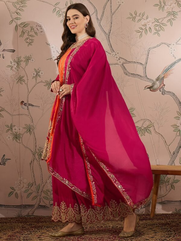 Elegant Pink Embroidered Flared Top Kurta Palazzo Set with Round Neck & Regular Sleeves