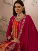 Elegant Pink Embroidered Flared Top Kurta Palazzo Set with Round Neck & Regular Sleeves