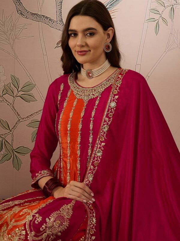 Elegant Pink Embroidered Flared Top Kurta Palazzo Set with Round Neck & Regular Sleeves