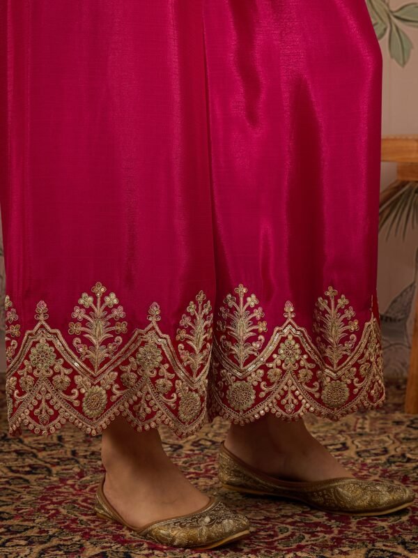 Elegant Pink Embroidered Flared Top Kurta Palazzo Set with Round Neck & Regular Sleeves