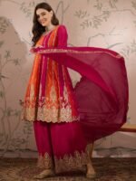 Elegant Pink Embroidered Flared Top Kurta Palazzo Set with Round Neck & Regular Sleeves