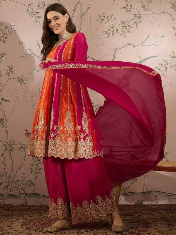 Elegant Pink Embroidered Flared Top Kurta Palazzo Set with Round Neck & Regular Sleeves