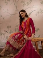 Elegant Pink Embroidered Flared Top Kurta Palazzo Set with Round Neck & Regular Sleeves