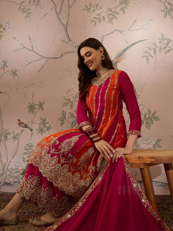 Elegant Pink Embroidered Flared Top Kurta Palazzo Set with Round Neck & Regular Sleeves