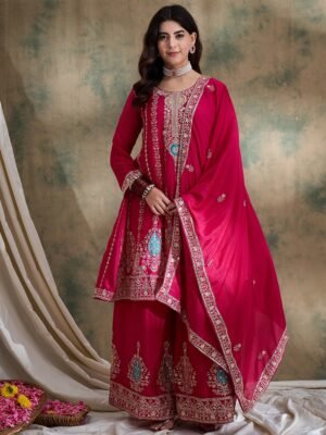Pink Chinon Embroidered Kurta Palazzo Set with Round Neck Flared Top & Dupatta for Women