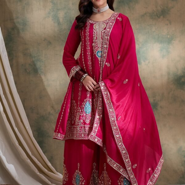 Pink Chinon Embroidered Kurta Palazzo Set with Round Neck Flared Top & Dupatta for Women