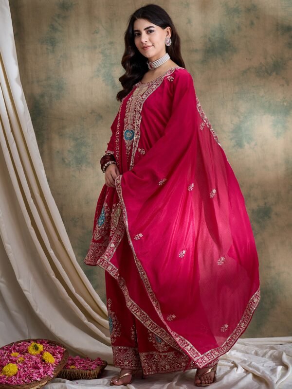 Pink Chinon Embroidered Kurta Palazzo Set with Round Neck Flared Top & Dupatta for Women