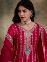 Pink Chinon Embroidered Kurta Palazzo Set with Round Neck Flared Top & Dupatta for Women