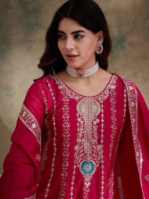 Pink Chinon Embroidered Kurta Palazzo Set with Round Neck Flared Top & Dupatta for Women