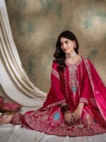 Pink Chinon Embroidered Kurta Palazzo Set with Round Neck Flared Top & Dupatta for Women