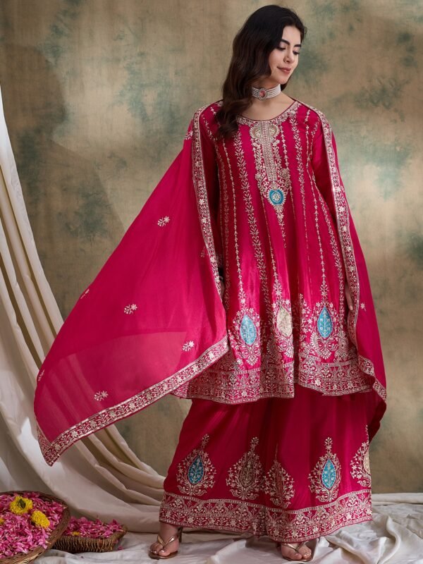 Pink Chinon Embroidered Kurta Palazzo Set with Round Neck Flared Top & Dupatta for Women