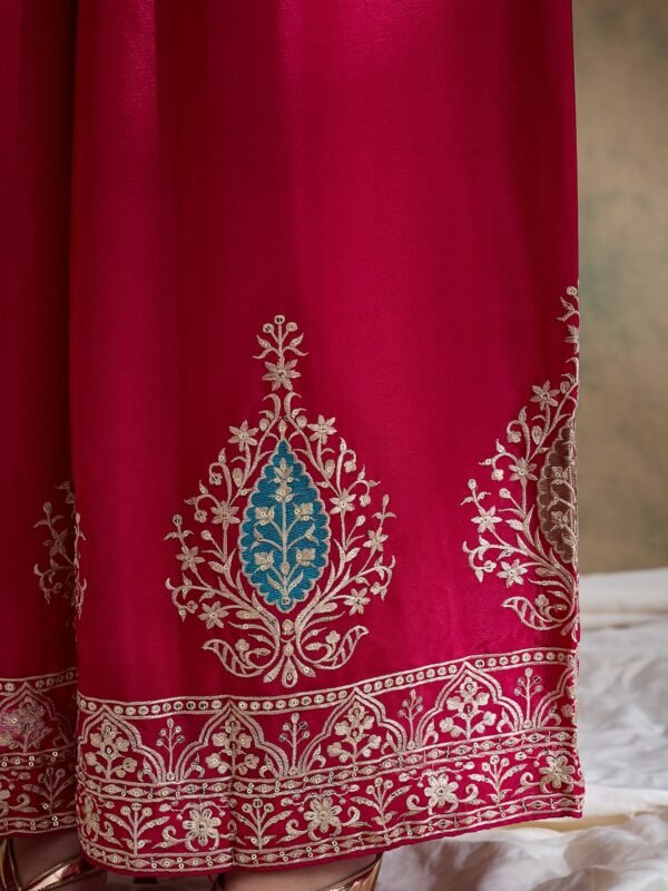 Pink Chinon Embroidered Kurta Palazzo Set with Round Neck Flared Top & Dupatta for Women