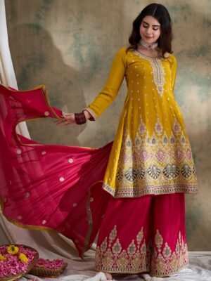 Yellow Embroidered Kurta Palazzo Set with Round Neck Flared Chinon Top & Dupatta