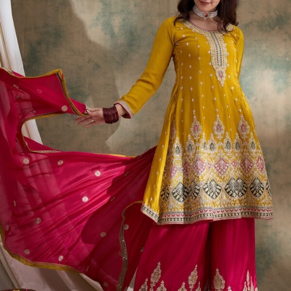 Yellow Embroidered Kurta Palazzo Set with Round Neck Flared Chinon Top & Dupatta
