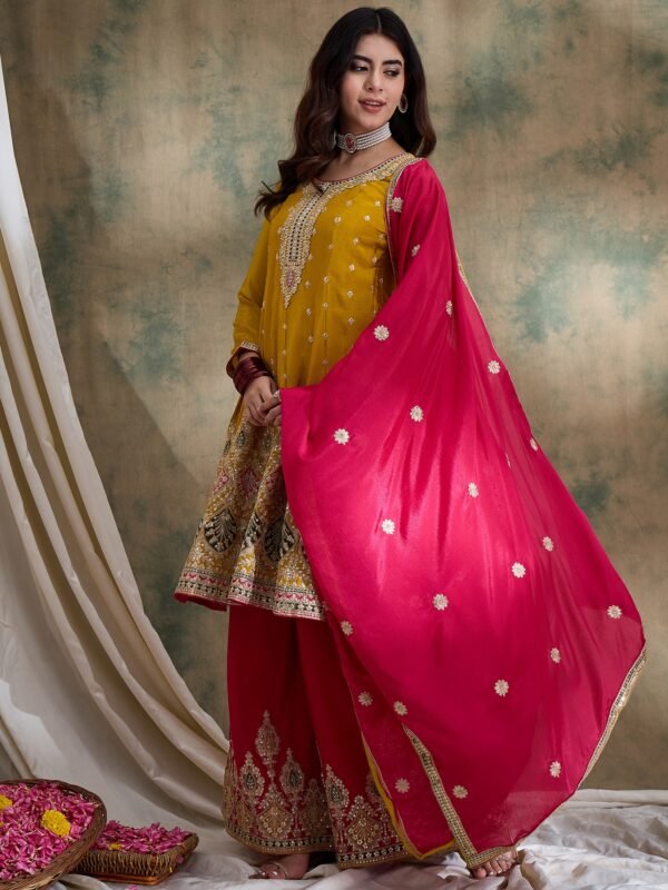 Yellow Embroidered Kurta Palazzo Set with Round Neck Flared Chinon Top & Dupatta