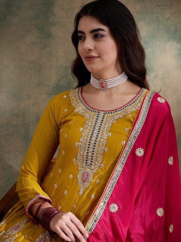 Yellow Embroidered Kurta Palazzo Set with Round Neck Flared Chinon Top & Dupatta