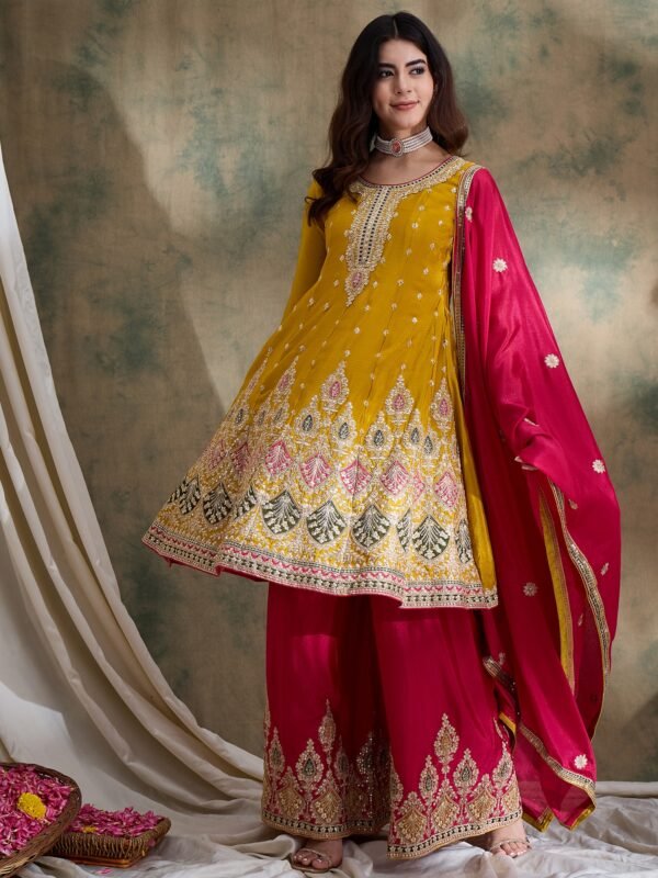 Yellow Embroidered Kurta Palazzo Set with Round Neck Flared Chinon Top & Dupatta