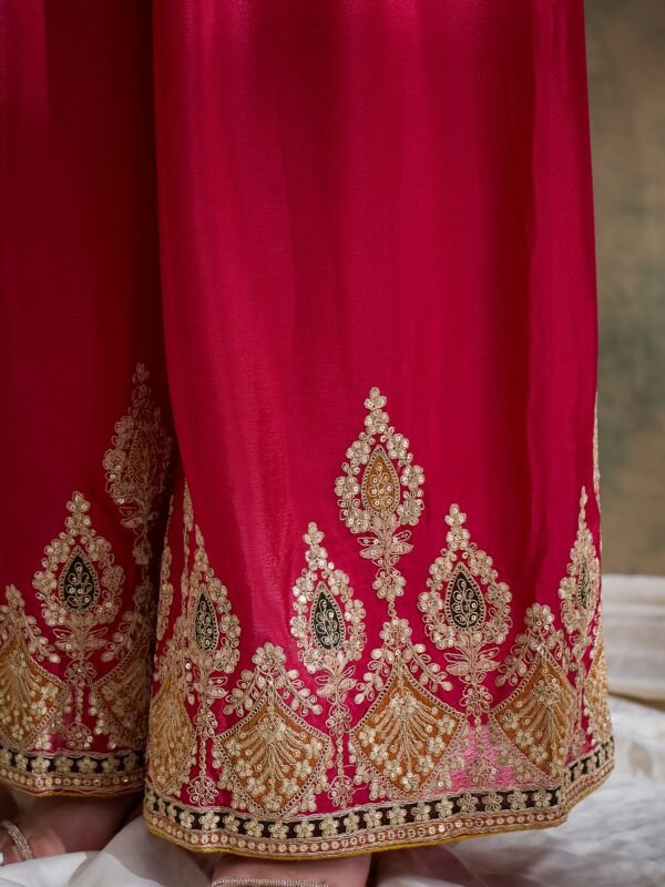 Yellow Embroidered Kurta Palazzo Set with Round Neck Flared Chinon Top & Dupatta