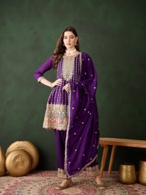 Purple Embroidered Kurta Patiyala Set with Round Neck Flared Chinon Top & Dupatta for Women