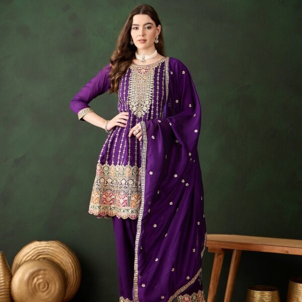 Purple Embroidered Kurta Patiyala Set with Round Neck Flared Chinon Top & Dupatta for Women