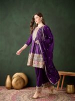 Purple Embroidered Kurta Patiyala Set with Round Neck Flared Chinon Top & Dupatta for Women