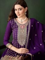 Purple Embroidered Kurta Patiyala Set with Round Neck Flared Chinon Top & Dupatta for Women