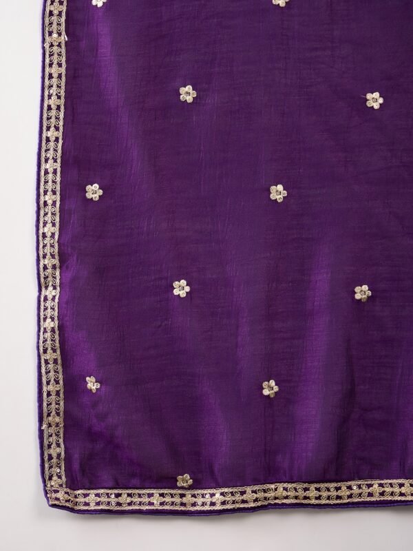Purple Embroidered Kurta Patiyala Set with Round Neck Flared Chinon Top & Dupatta for Women