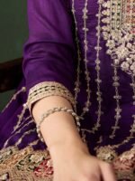 Purple Embroidered Kurta Patiyala Set with Round Neck Flared Chinon Top & Dupatta for Women