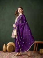Purple Embroidered Kurta Patiyala Set with Round Neck Flared Chinon Top & Dupatta for Women