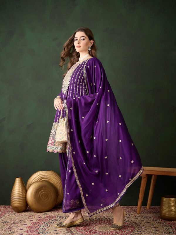 Purple Embroidered Kurta Patiyala Set with Round Neck Flared Chinon Top & Dupatta for Women