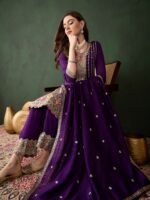 Purple Embroidered Kurta Patiyala Set with Round Neck Flared Chinon Top & Dupatta for Women