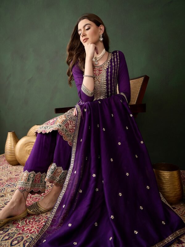 Purple Embroidered Kurta Patiyala Set with Round Neck Flared Chinon Top & Dupatta for Women
