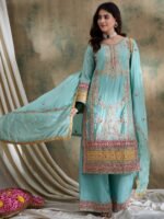 Firozi Embroidered Straight Kurta Palazzo Set with Dupatta – Chinon