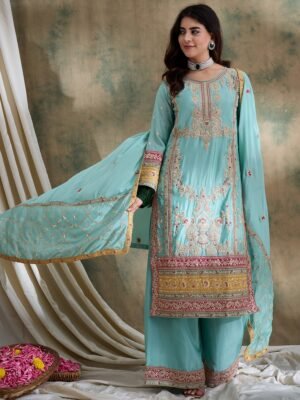 Firozi Embroidered Straight Kurta Palazzo Set with Dupatta – Chinon