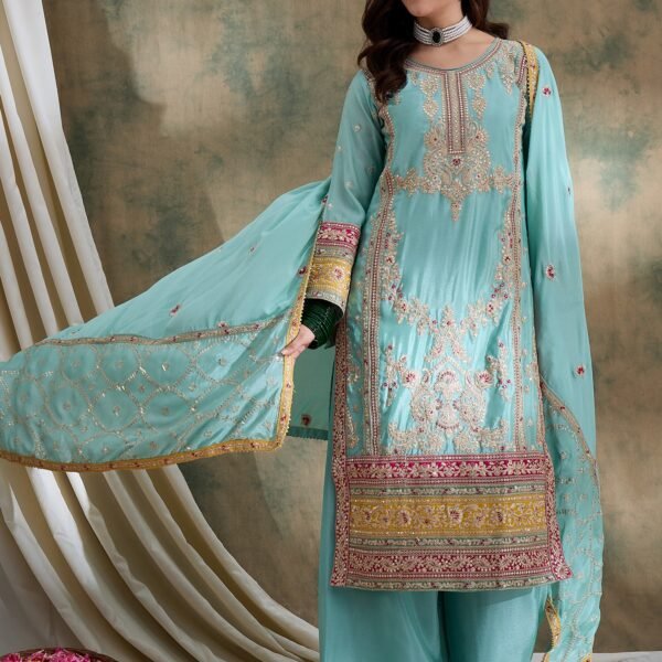 Firozi Embroidered Straight Kurta Palazzo Set with Dupatta – Chinon