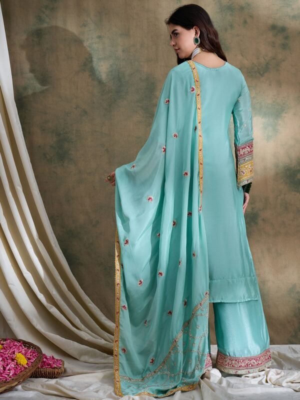 Firozi Embroidered Straight Kurta Palazzo Set with Dupatta – Chinon