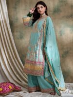 Firozi Embroidered Straight Kurta Palazzo Set with Dupatta – Chinon