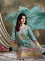 Firozi Embroidered Straight Kurta Palazzo Set with Dupatta – Chinon