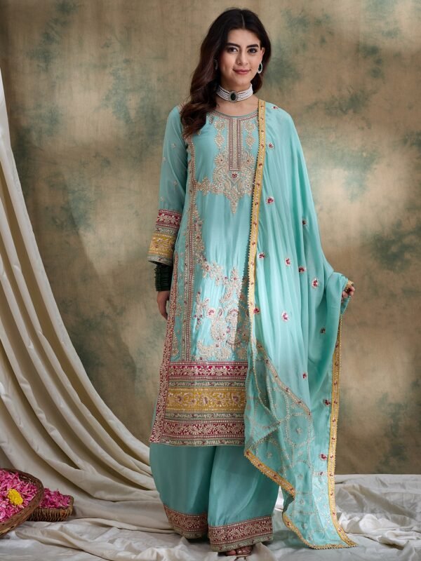 Firozi Embroidered Straight Kurta Palazzo Set with Dupatta – Chinon
