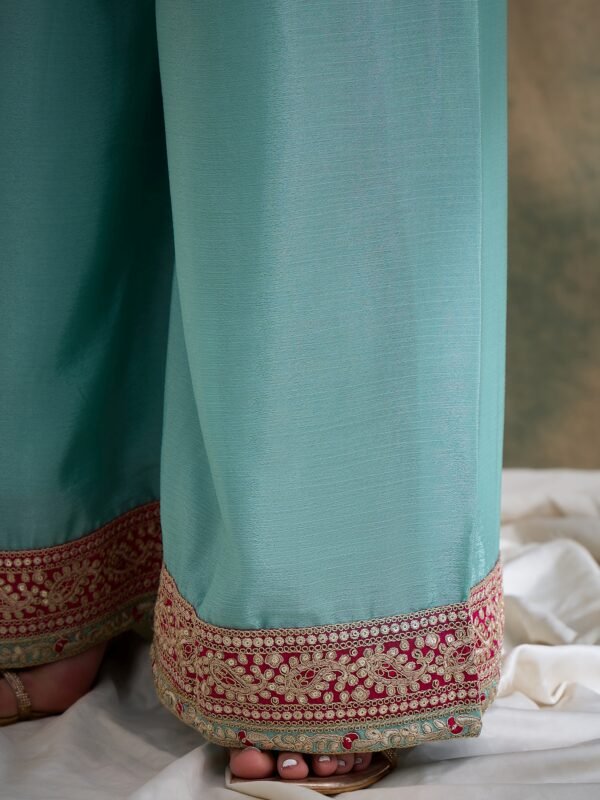Firozi Embroidered Straight Kurta Palazzo Set with Dupatta – Chinon