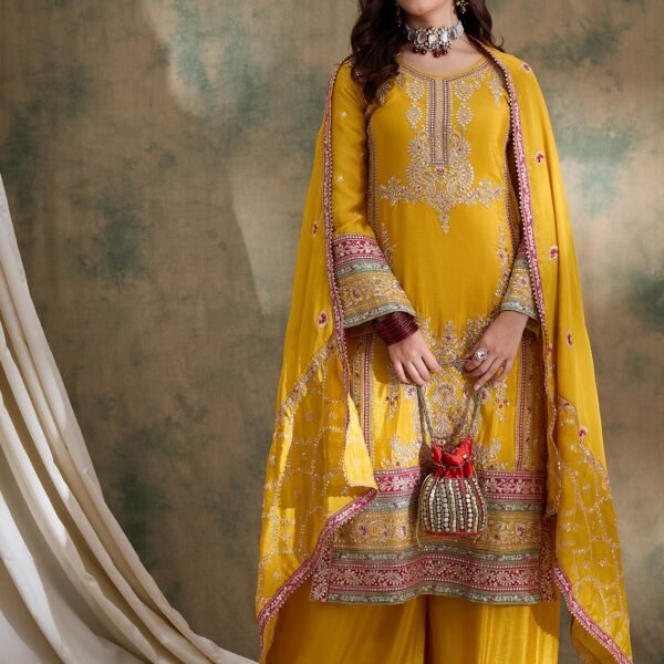 Yellow Embroidered Straight Kurta Palazzo Set with Dupatta – Chinon