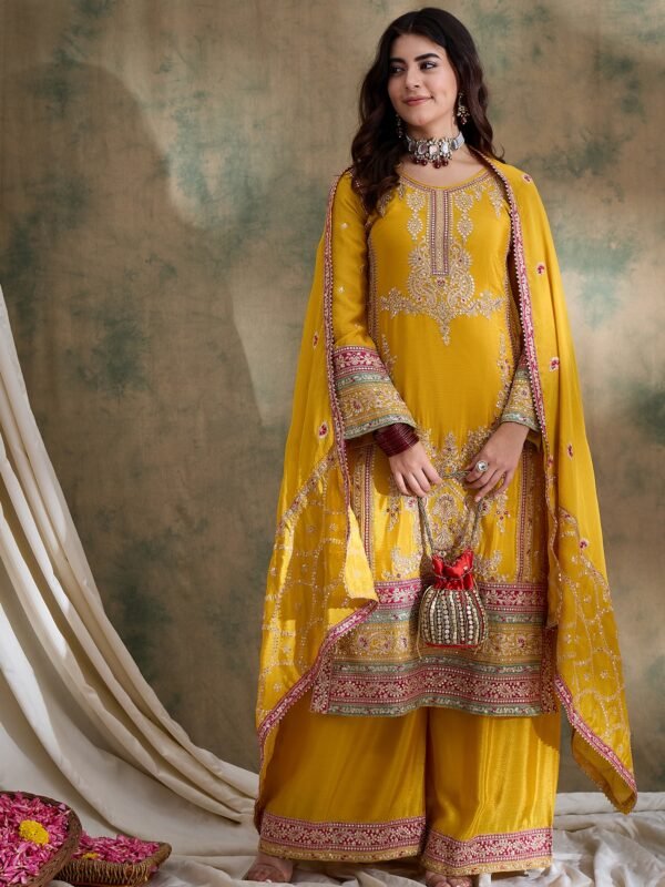 Yellow Embroidered Straight Kurta Palazzo Set with Dupatta – Chinon
