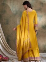Yellow Embroidered Straight Kurta Palazzo Set with Dupatta – Chinon