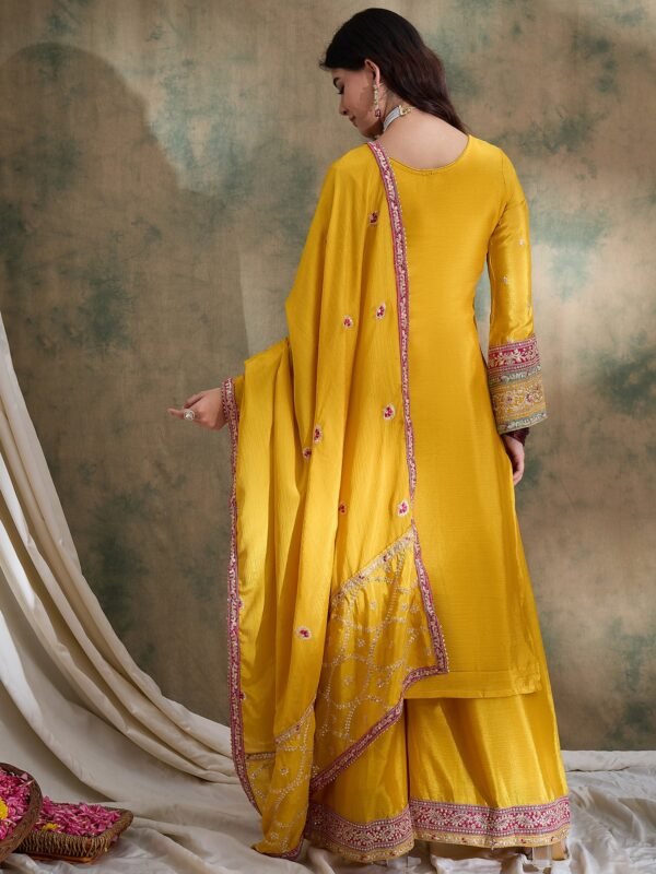 Yellow Embroidered Straight Kurta Palazzo Set with Dupatta – Chinon