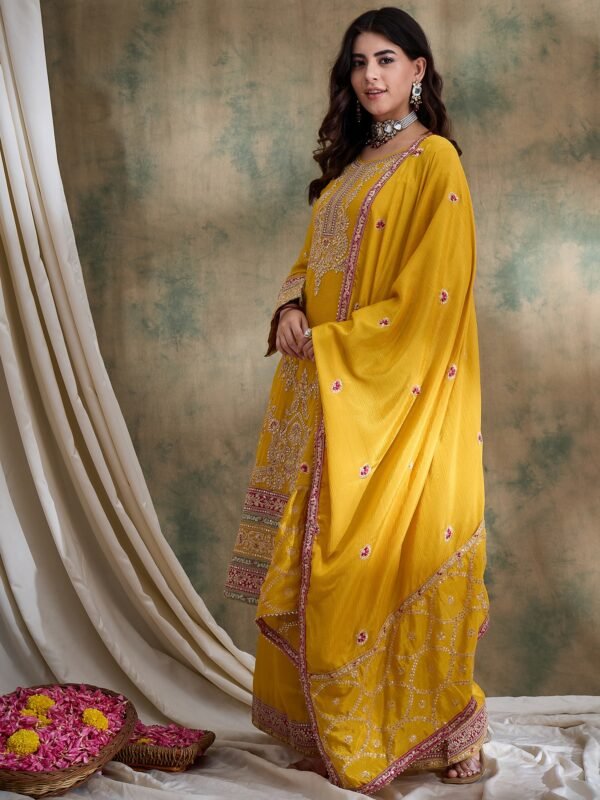 Yellow Embroidered Straight Kurta Palazzo Set with Dupatta – Chinon