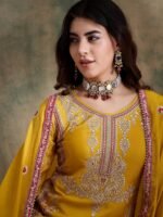 Yellow Embroidered Straight Kurta Palazzo Set with Dupatta – Chinon