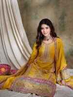Yellow Embroidered Straight Kurta Palazzo Set with Dupatta – Chinon