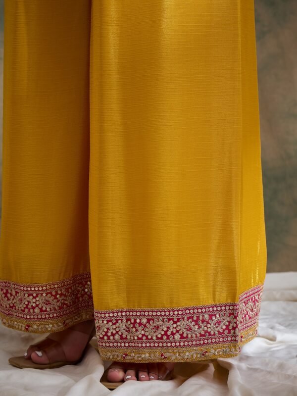 Yellow Embroidered Straight Kurta Palazzo Set with Dupatta – Chinon