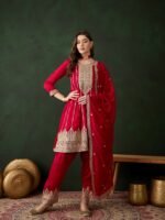 Maroon Embroidered Flared Kurta Patiala Set with Dupatta – Vichitra Silk