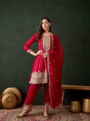 Maroon Embroidered Flared Kurta Patiala Set with Dupatta – Vichitra Silk